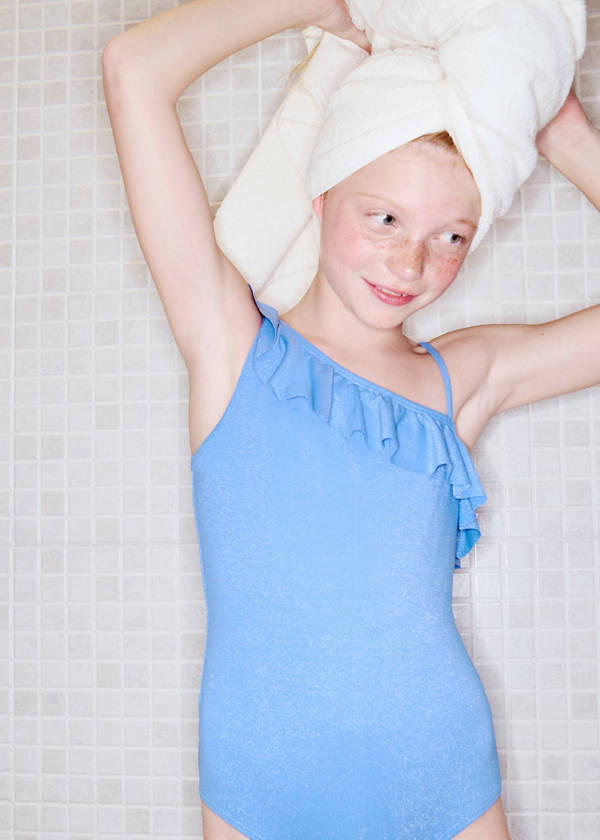 Asymmetric ruffle swimsuit — Blue