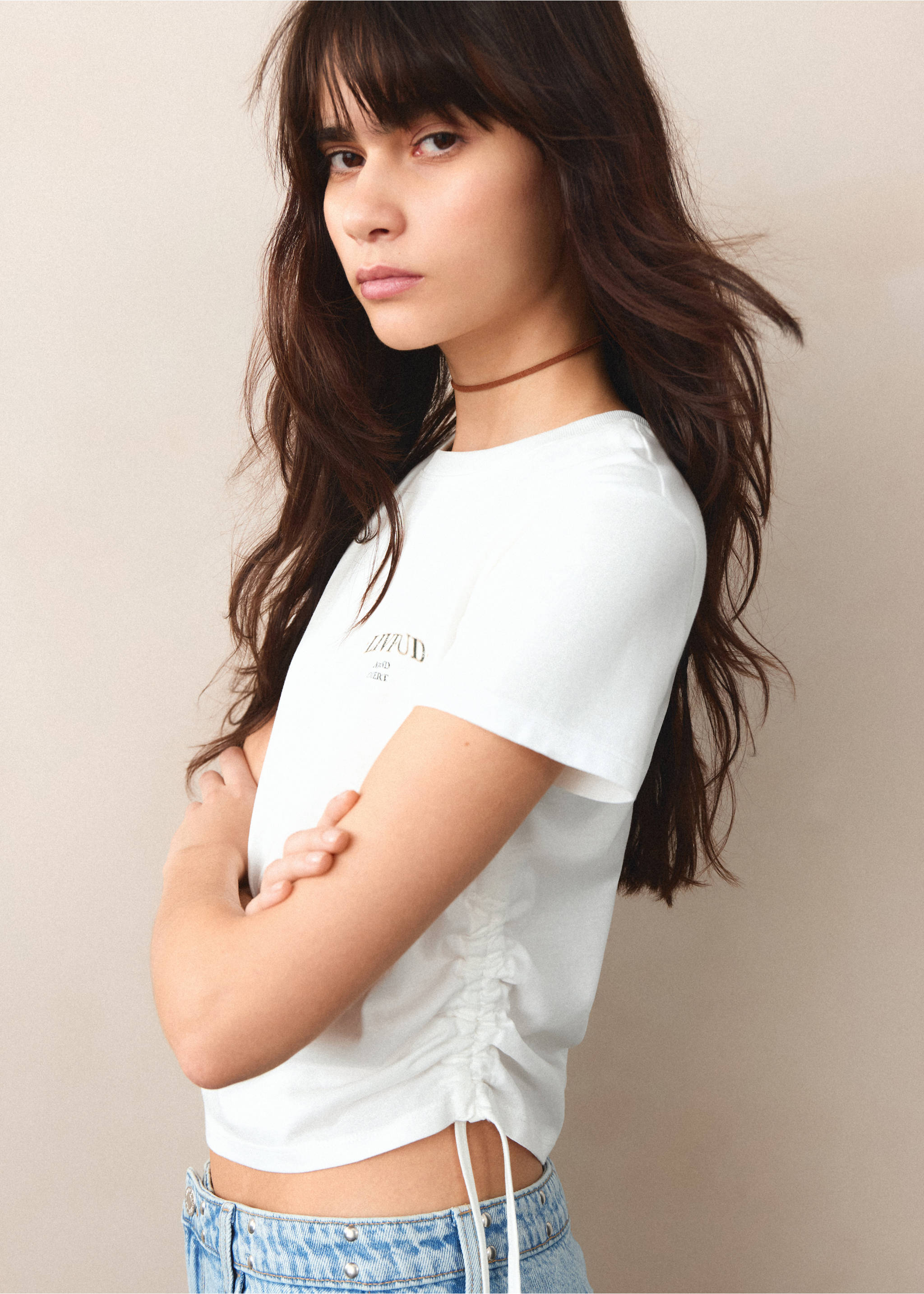 Printed cotton T-shirt with ties - Details of the article 2, Off White. Ref: 27017909-00.