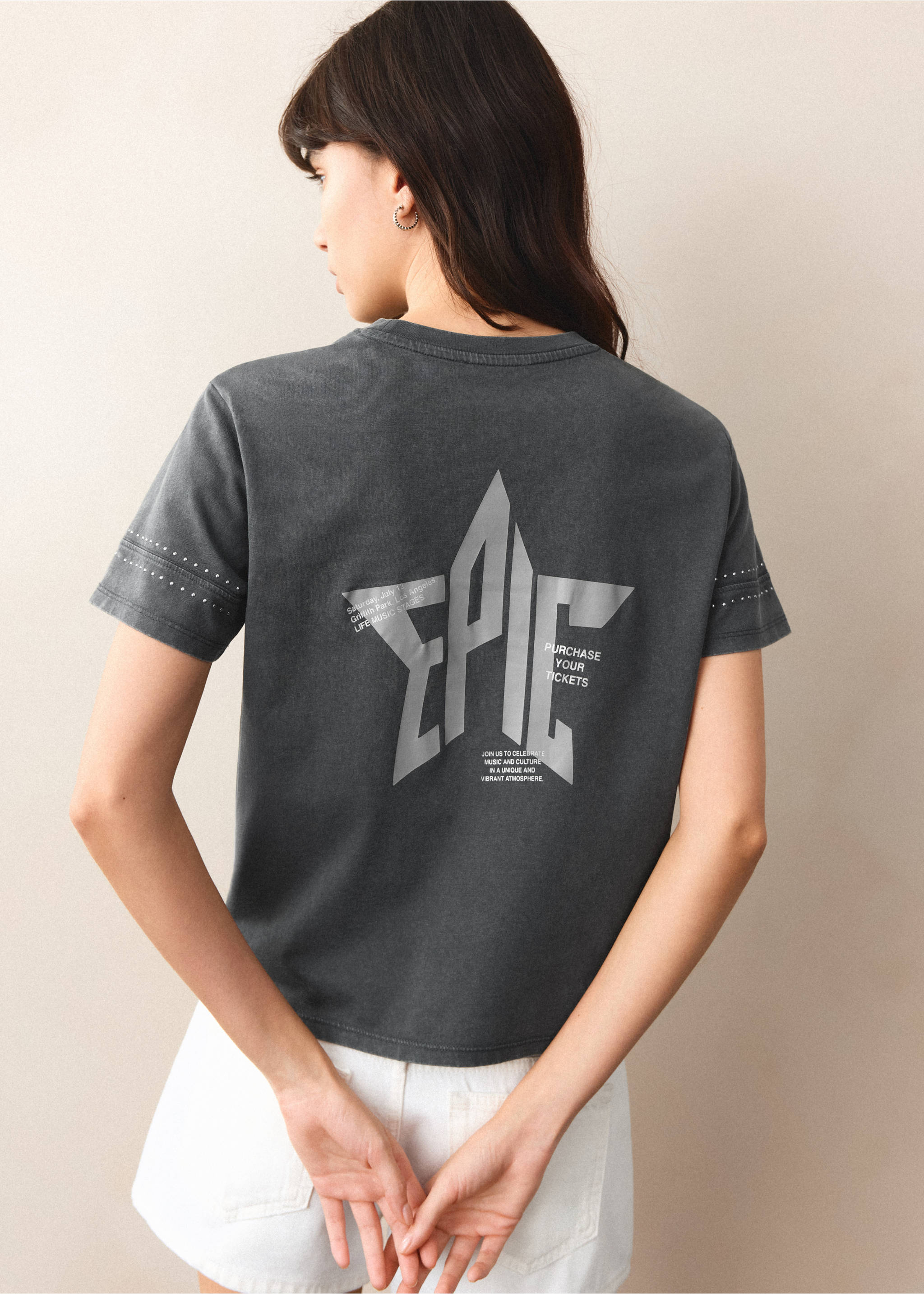 تي شيرت مطبوع به حجر الراين - الجهة الخلفية للمنتج, فحمي. Ref: 27017910-00.