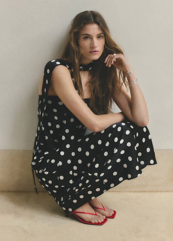 Polka-dot satin-finish dress — Black