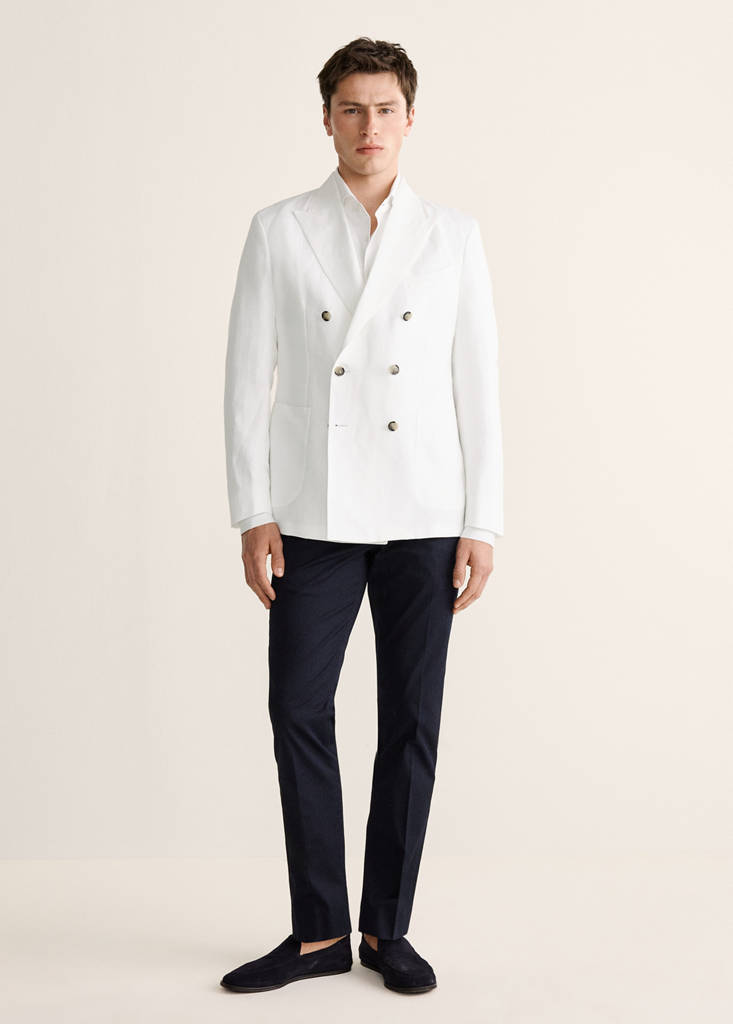 Slim-fit linen-blend double-breasted jacket — White