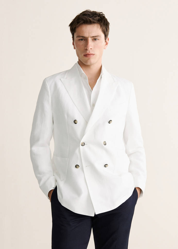 Slim-fit linen-blend double-breasted jacket — White