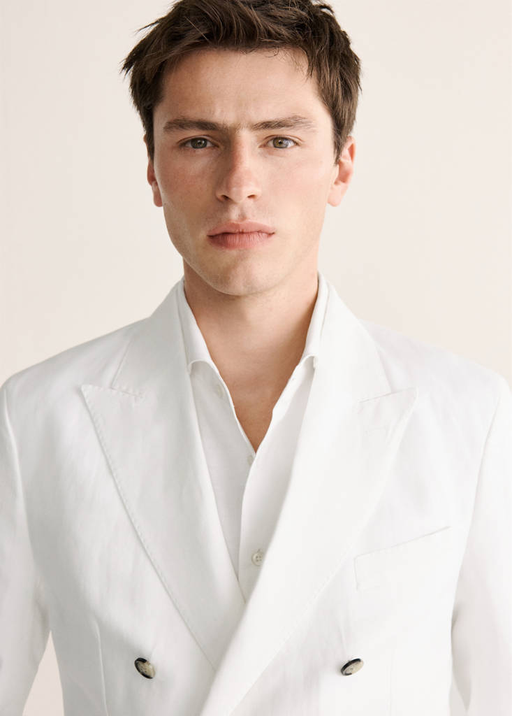 Slim-fit linen-blend double-breasted jacket — White
