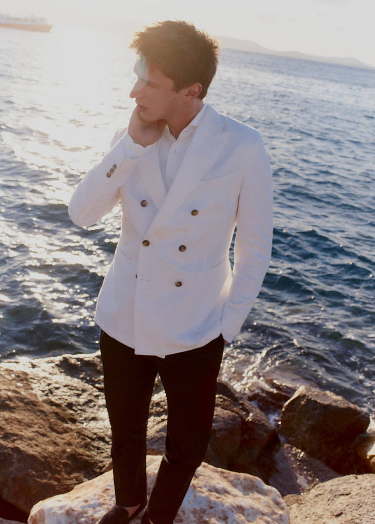 Slim-fit linen-blend double-breasted jacket — White