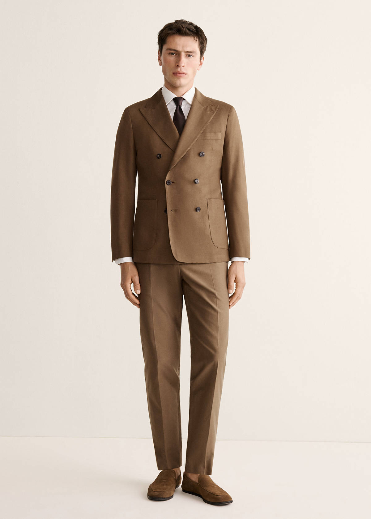 Double-breasted lyocell and cotton suit jacket — Tobacco Brown