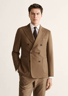 Double-breasted lyocell and cotton suit jacket — Tobacco Brown 1