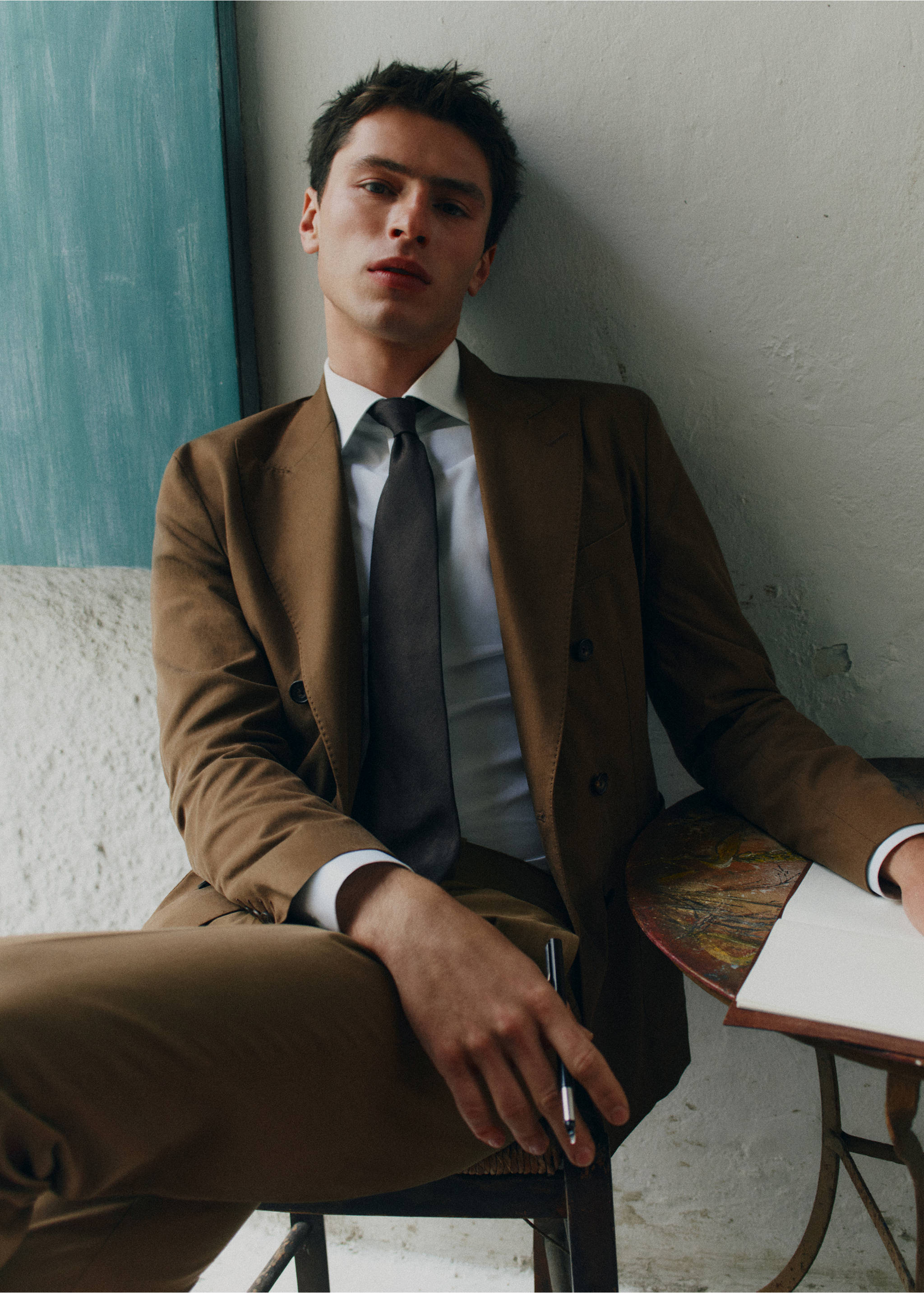 Slim fit double-breasted suit blazer - Details of the article 5, Tobacco Brown. Ref: 27018277-00.