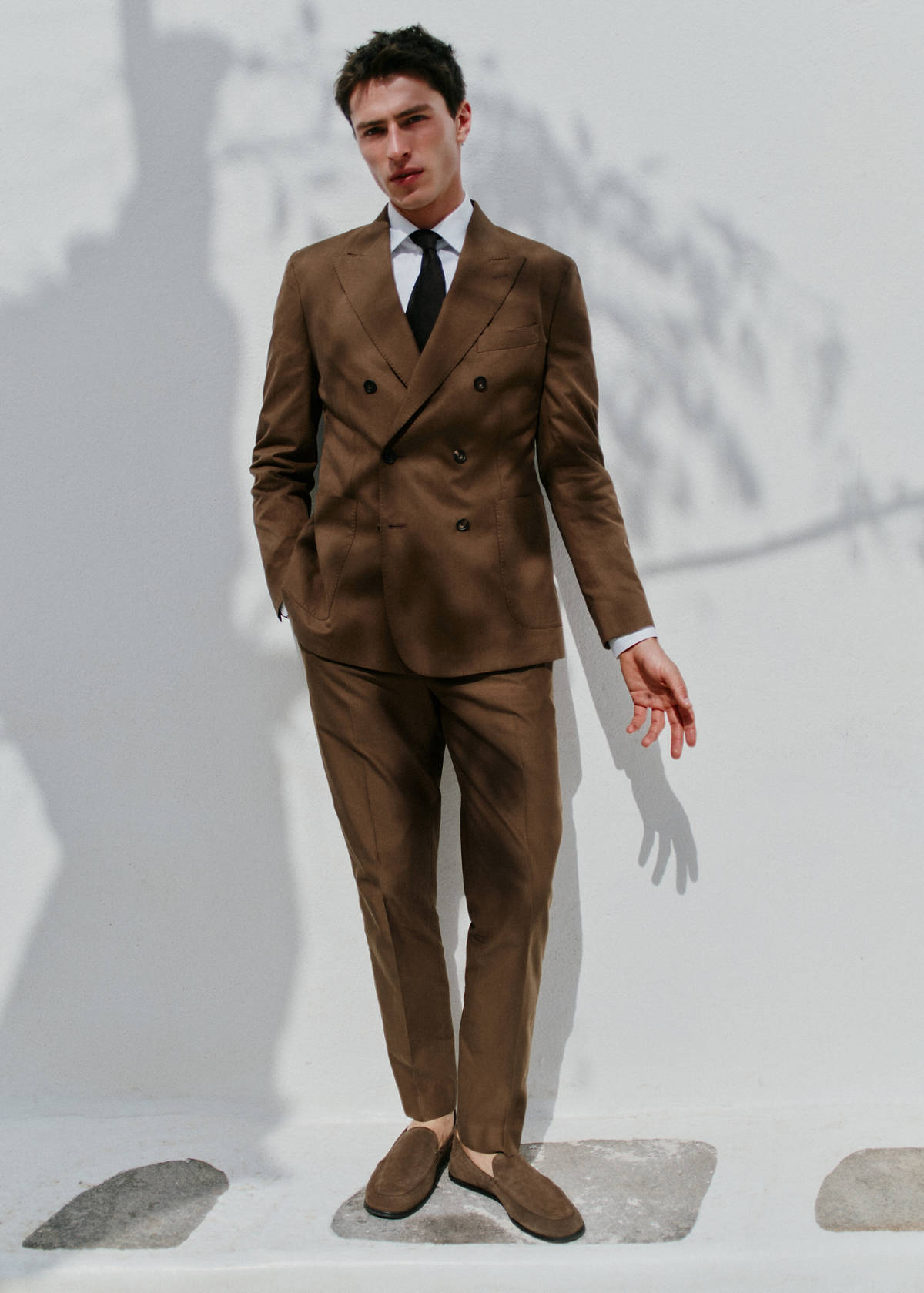 Double-breasted lyocell and cotton suit jacket — Tobacco Brown