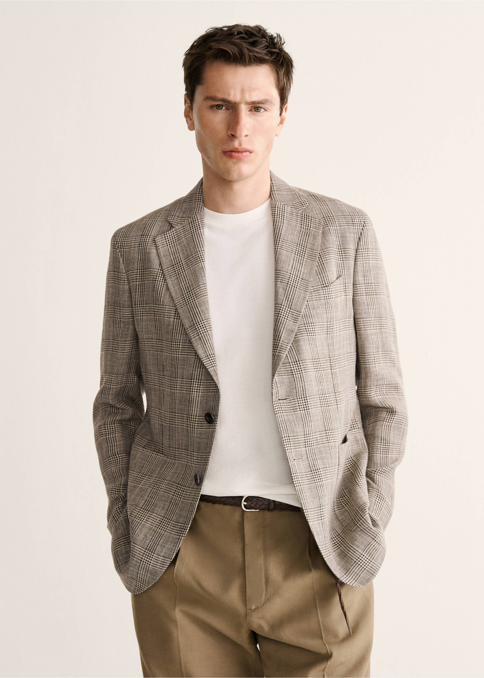 Veste slim fit à carreaux Prince de Galles - Plan moyen, Gris vison. Ref: 27018278-00.