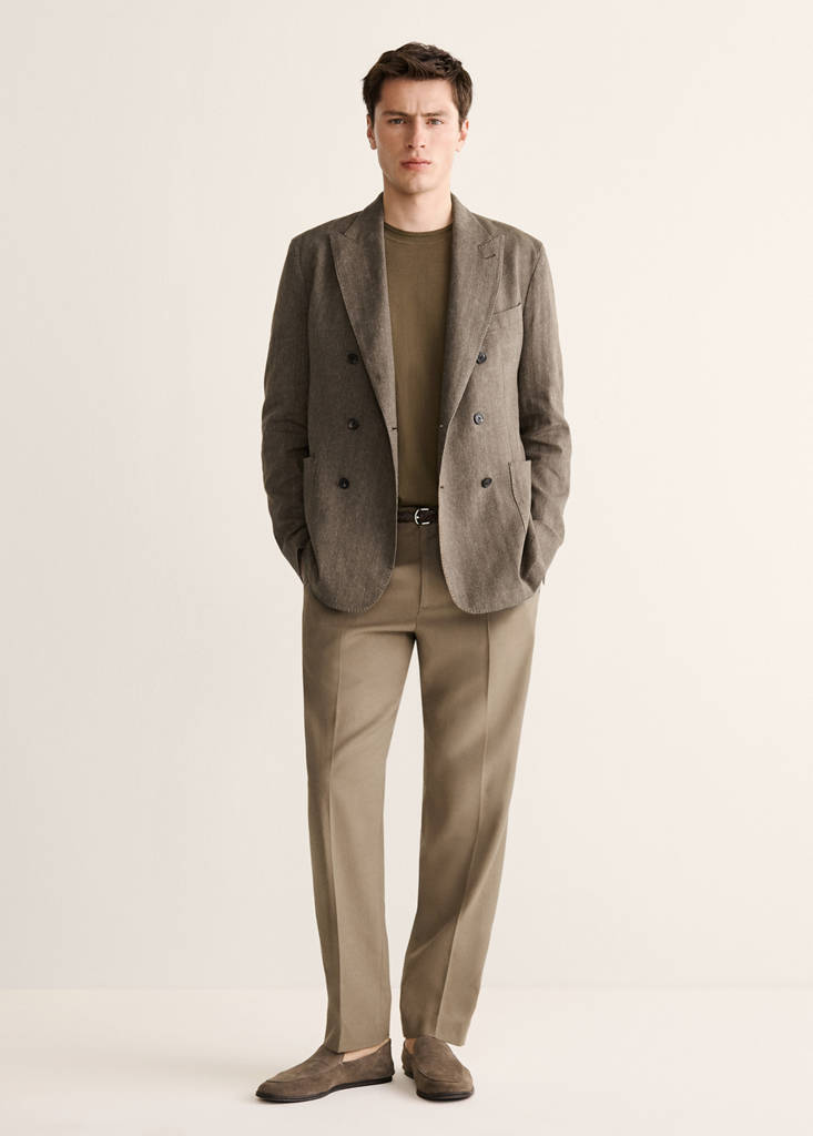 Slim fit double-breasted linen blend jacket — Mink Grey