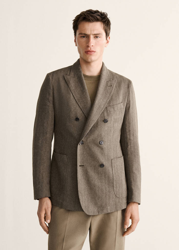 Slim fit double-breasted linen blend jacket — Mink Grey