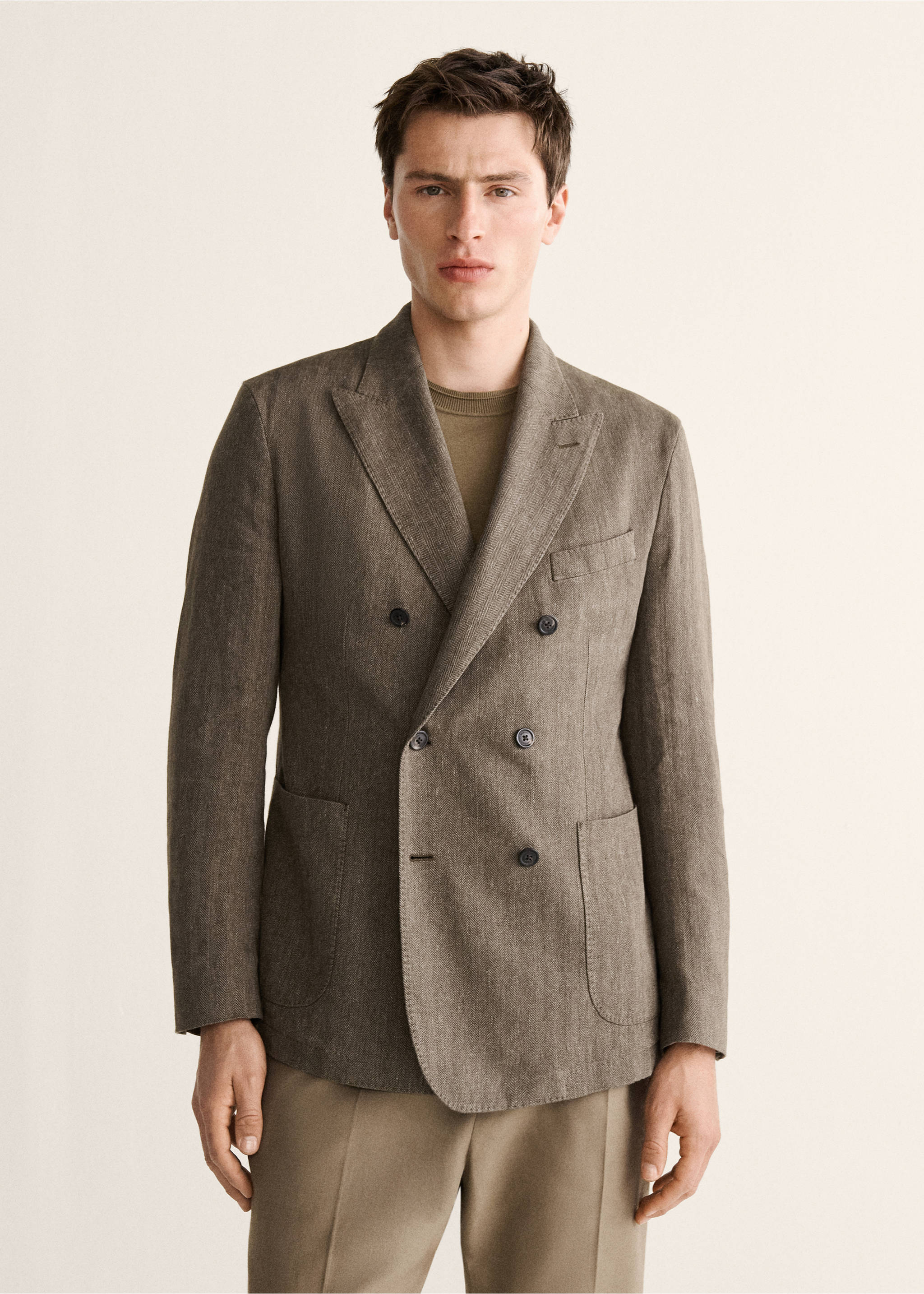 Slim fit double-breasted linen blend jacket - Medium plane, Mink Grey. Ref: 27018279-00.