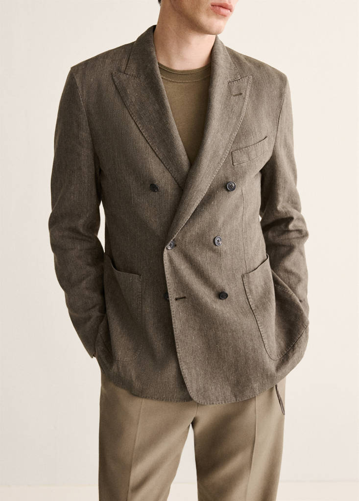 Slim fit double-breasted linen blend jacket — Mink Grey