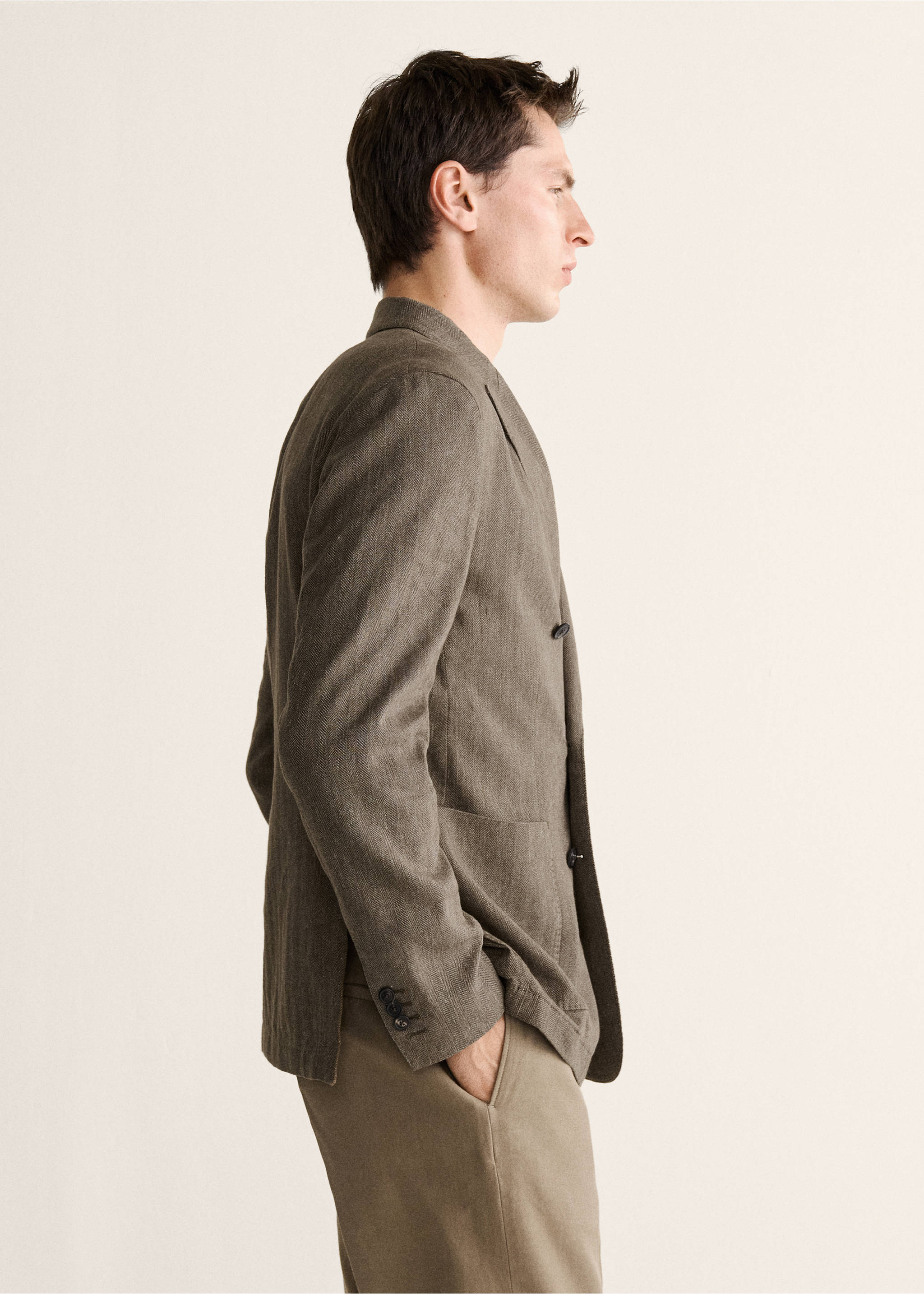 Slim fit double-breasted linen blend jacket - Details of the article 2, Mink Grey. Ref: 27018279-00.