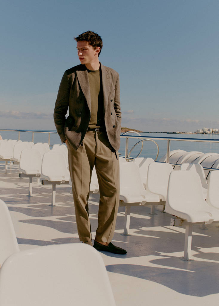 Slim fit double-breasted linen blend jacket — Mink Grey