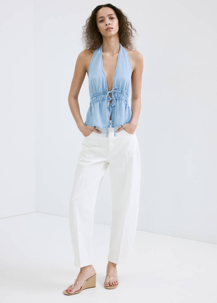 V-neck denim top with bow — Light Blue