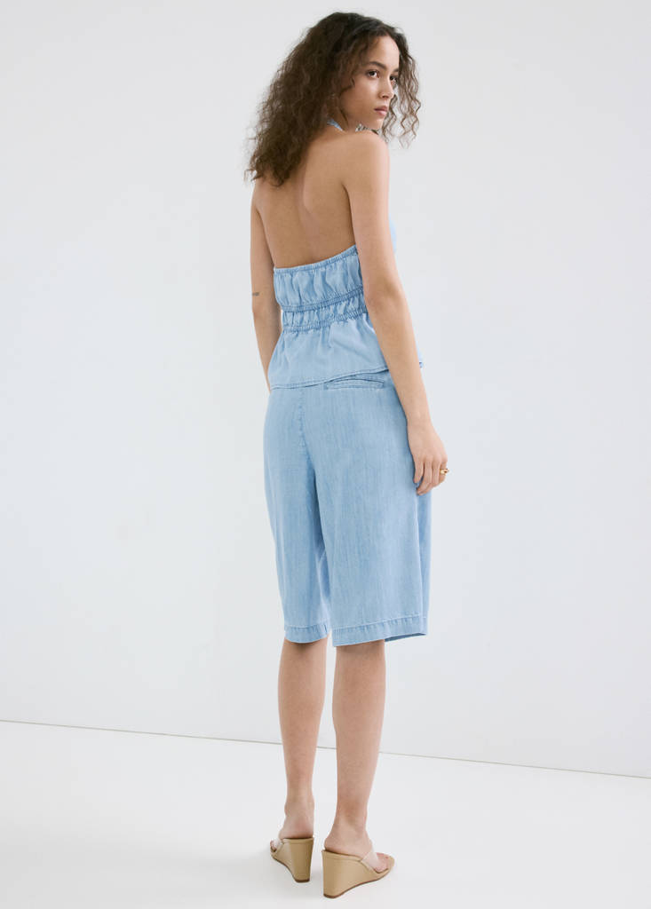 V-neck denim top with bow — Light Blue