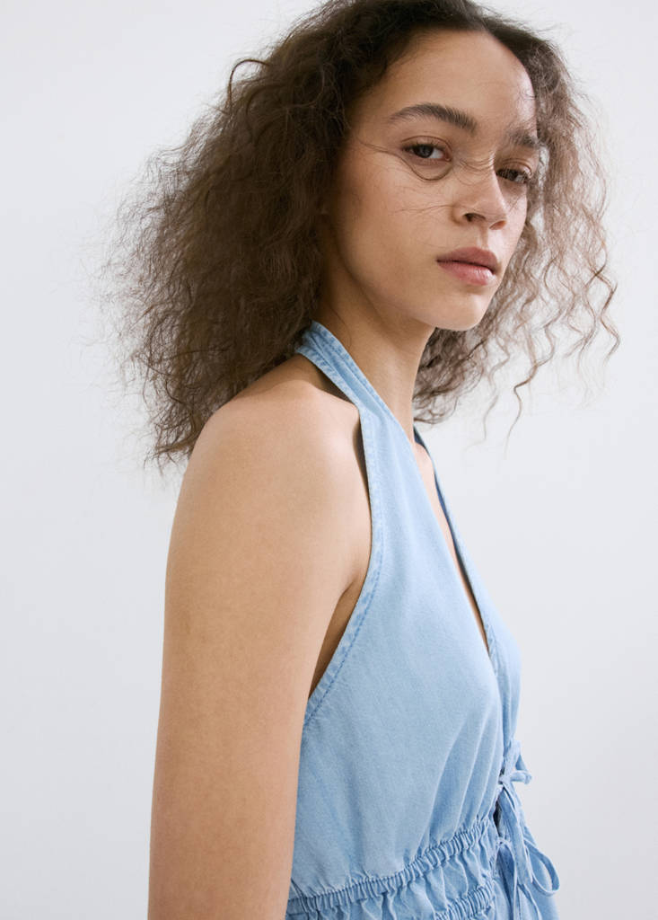 V-neck denim top with bow — Light Blue