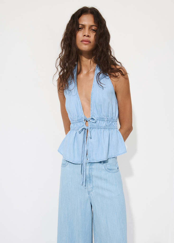 V-neck denim top with bow — Light Blue