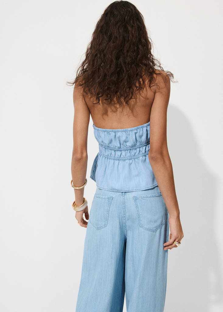 V-neck denim top with bow — Light Blue