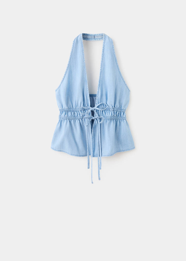 V-neck denim top with bow — Light Blue