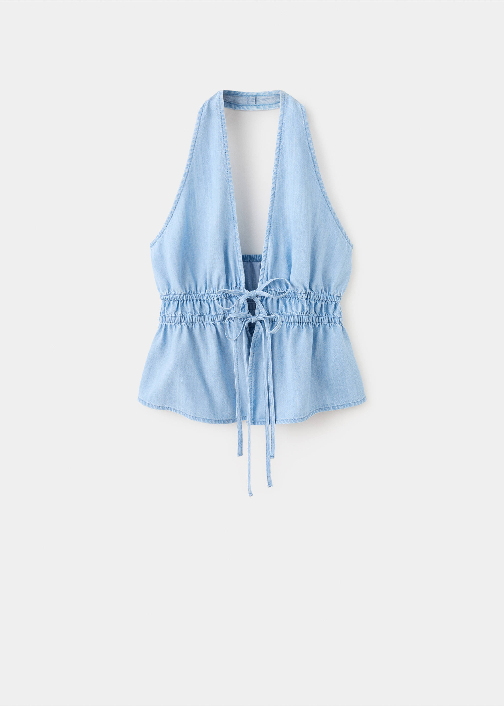 V-neck denim top with bow - Article without model, Light Blue. Ref: 27019057-00.