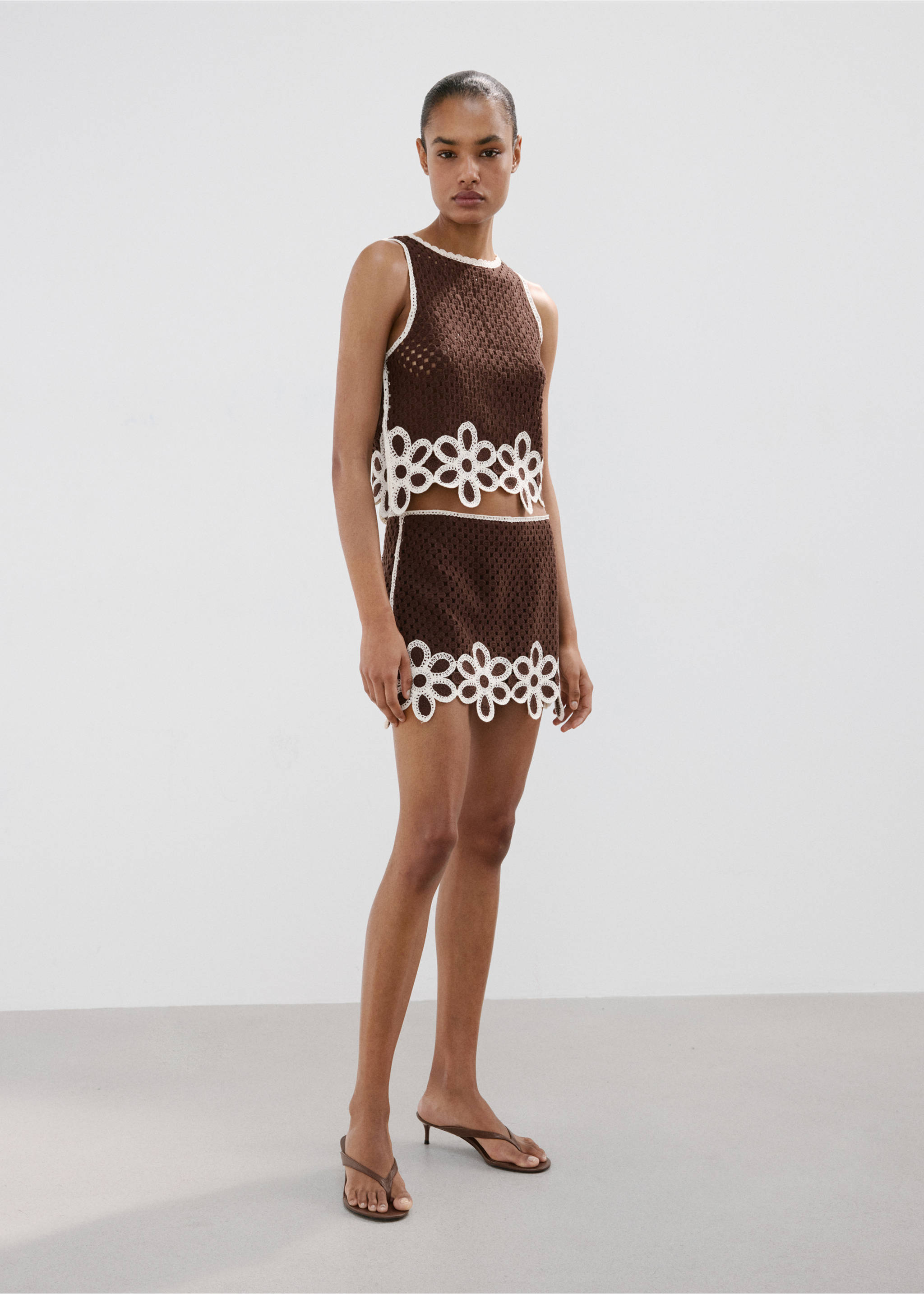 Floral-embroidered crochet top - General plane, Brown. Ref: 27019061-00.