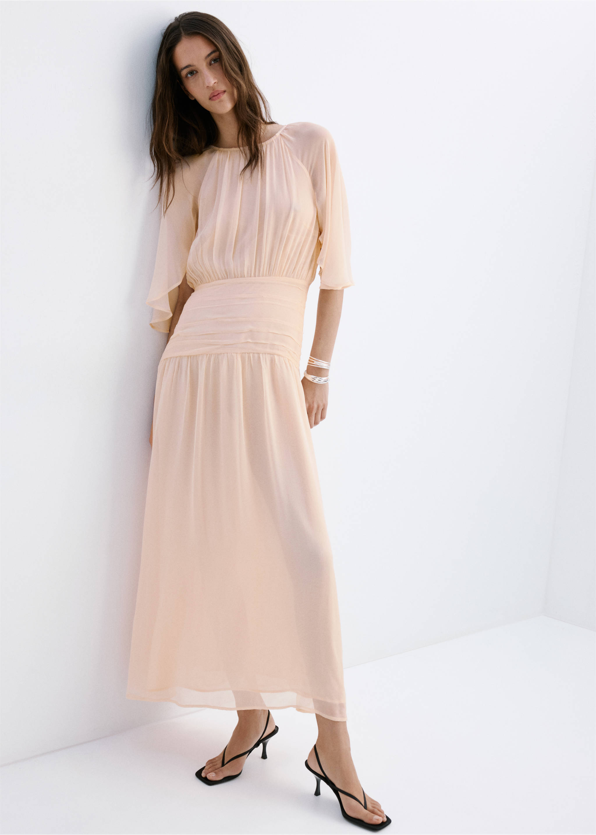 Combined-fabric long dress - General plane, Pale Pink. Ref: 27019065-00.
