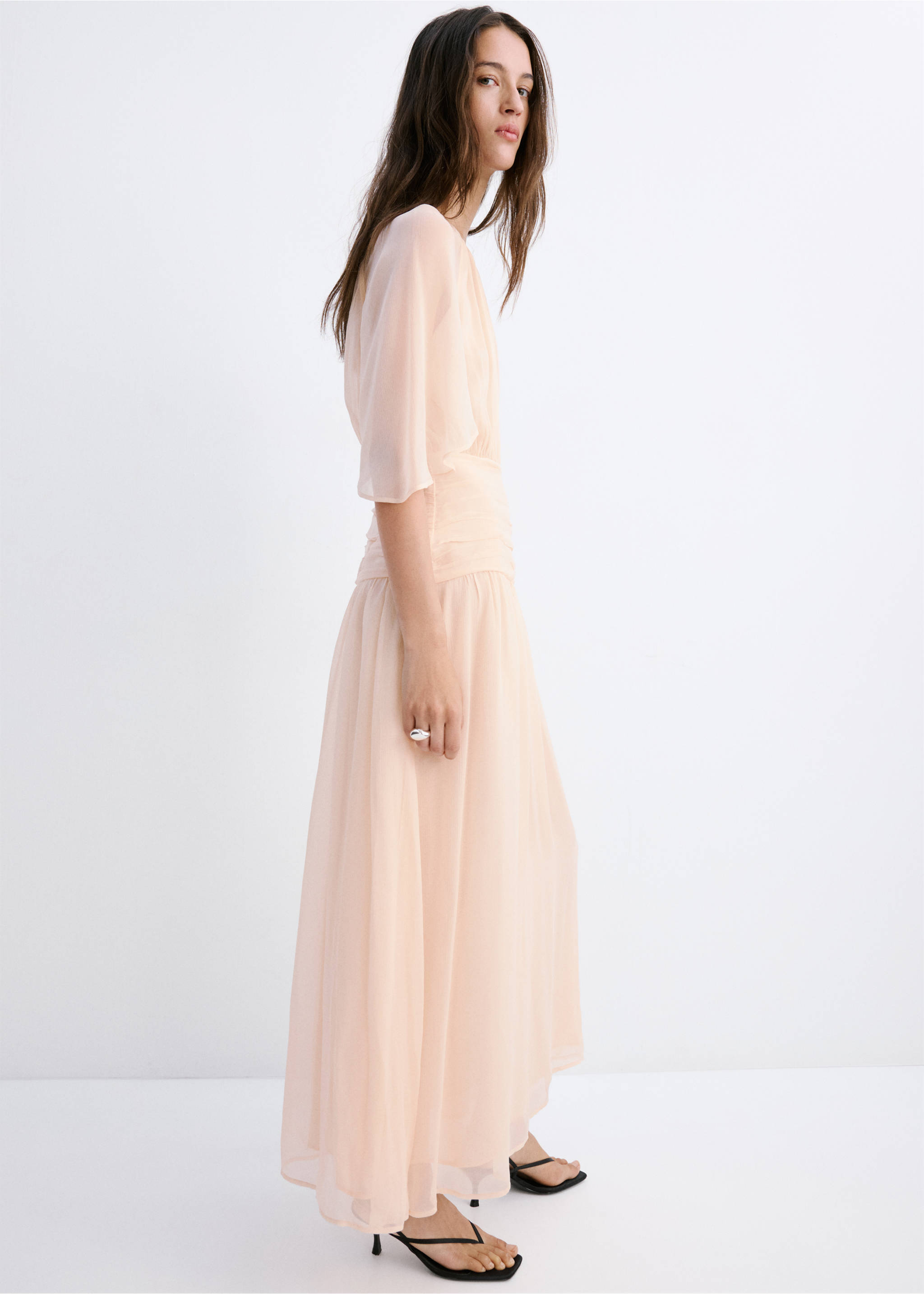 Combined-fabric long dress - Details of the article 1, Pale Pink. Ref: 27019065-00.