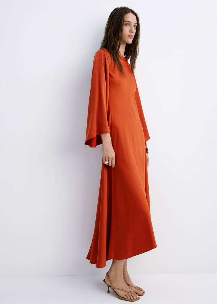 Flared-sleeve satin dress — Russet