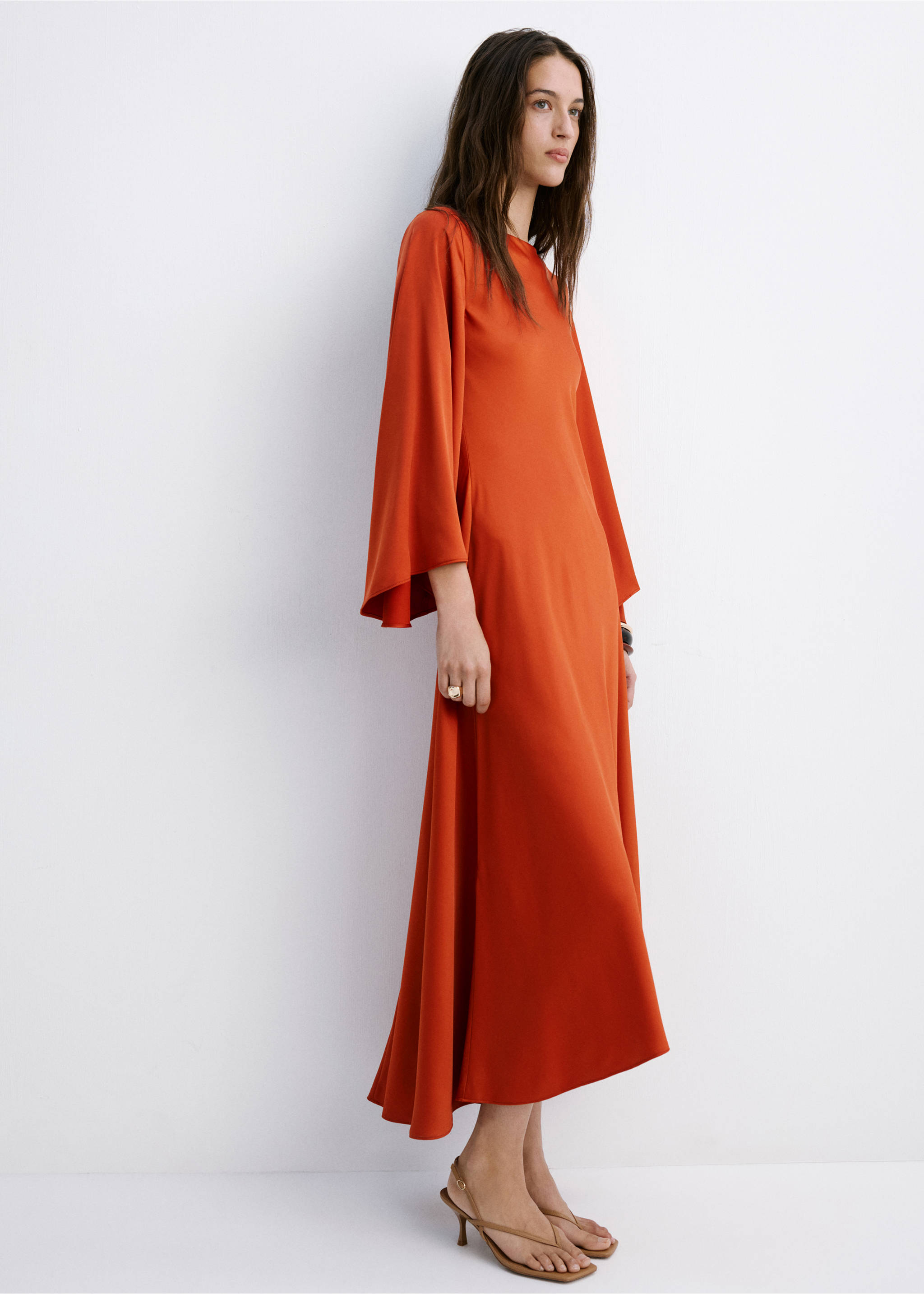 Flared-sleeve satin dress - General plane, Russet. Ref: 27019066-00.