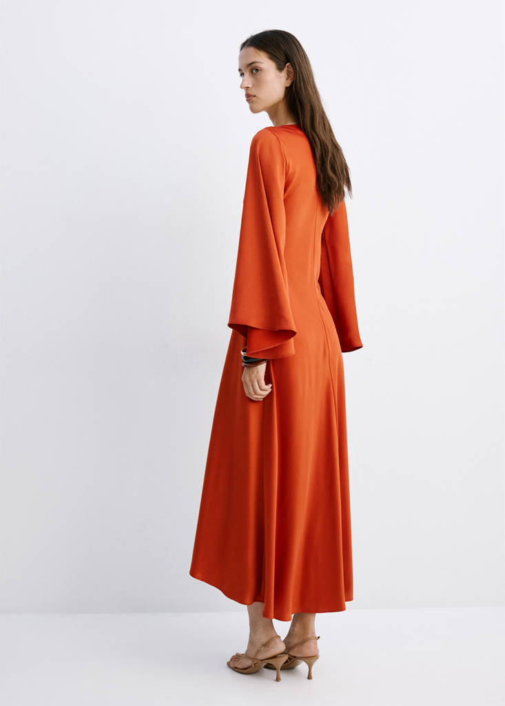 Flared-sleeve satin dress — Russet
