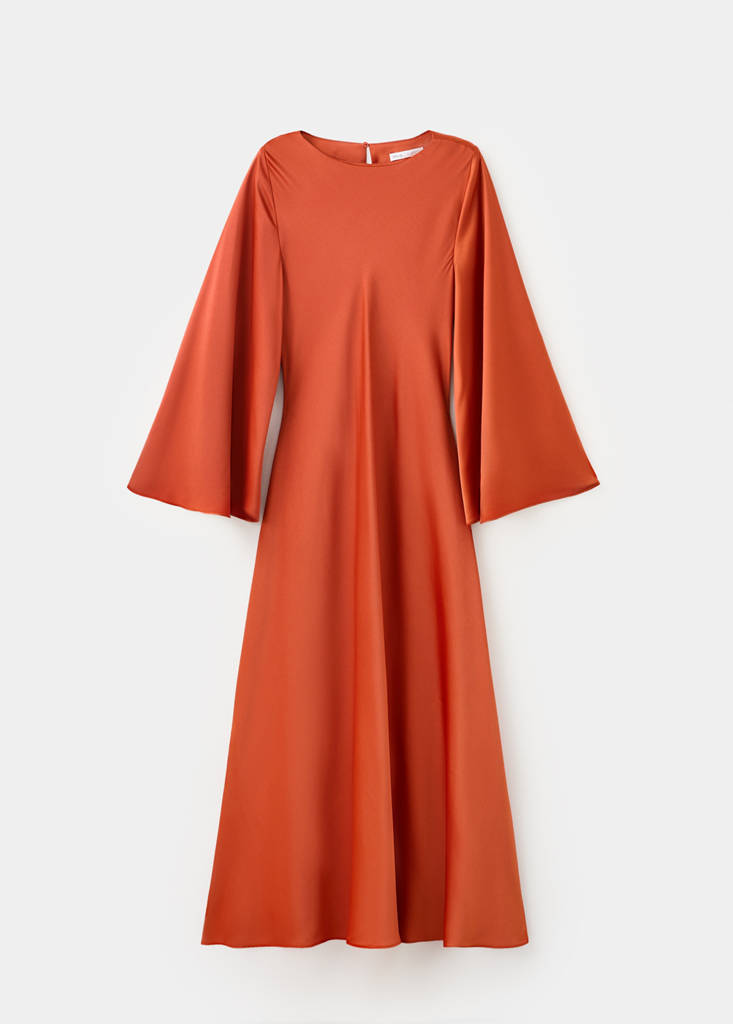 Flared-sleeve satin dress — Russet