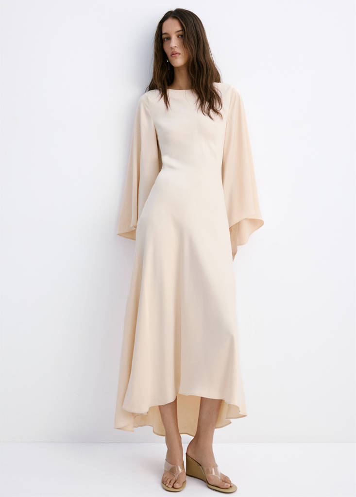 Flared-sleeve satin dress — Pale Pink