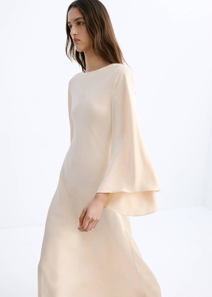 Flared-sleeve satin dress — Pale Pink