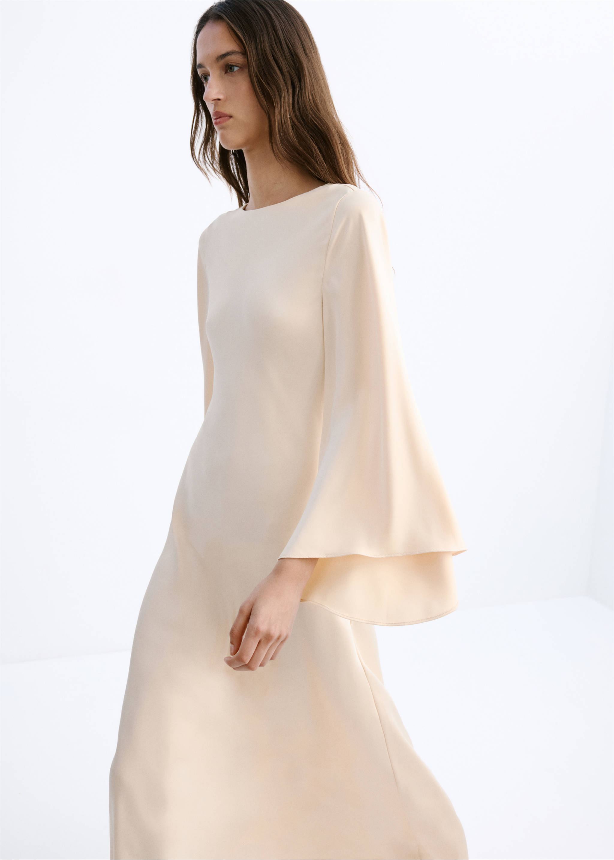 Flared-sleeve satin dress - Details of the article 2, Pale Pink. Ref: 27019066-00.