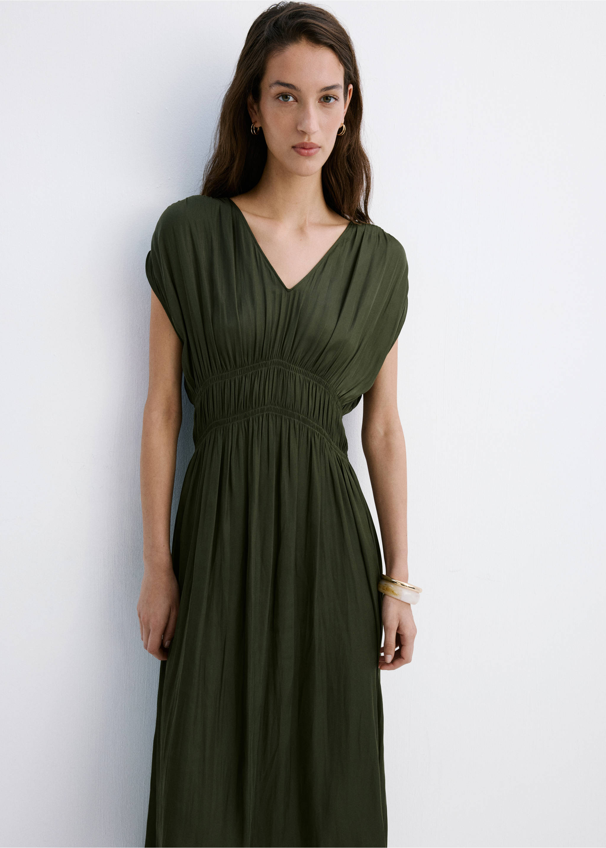 Gathered midi-dress - Medium plane, Khaki. Ref: 27019067-00.