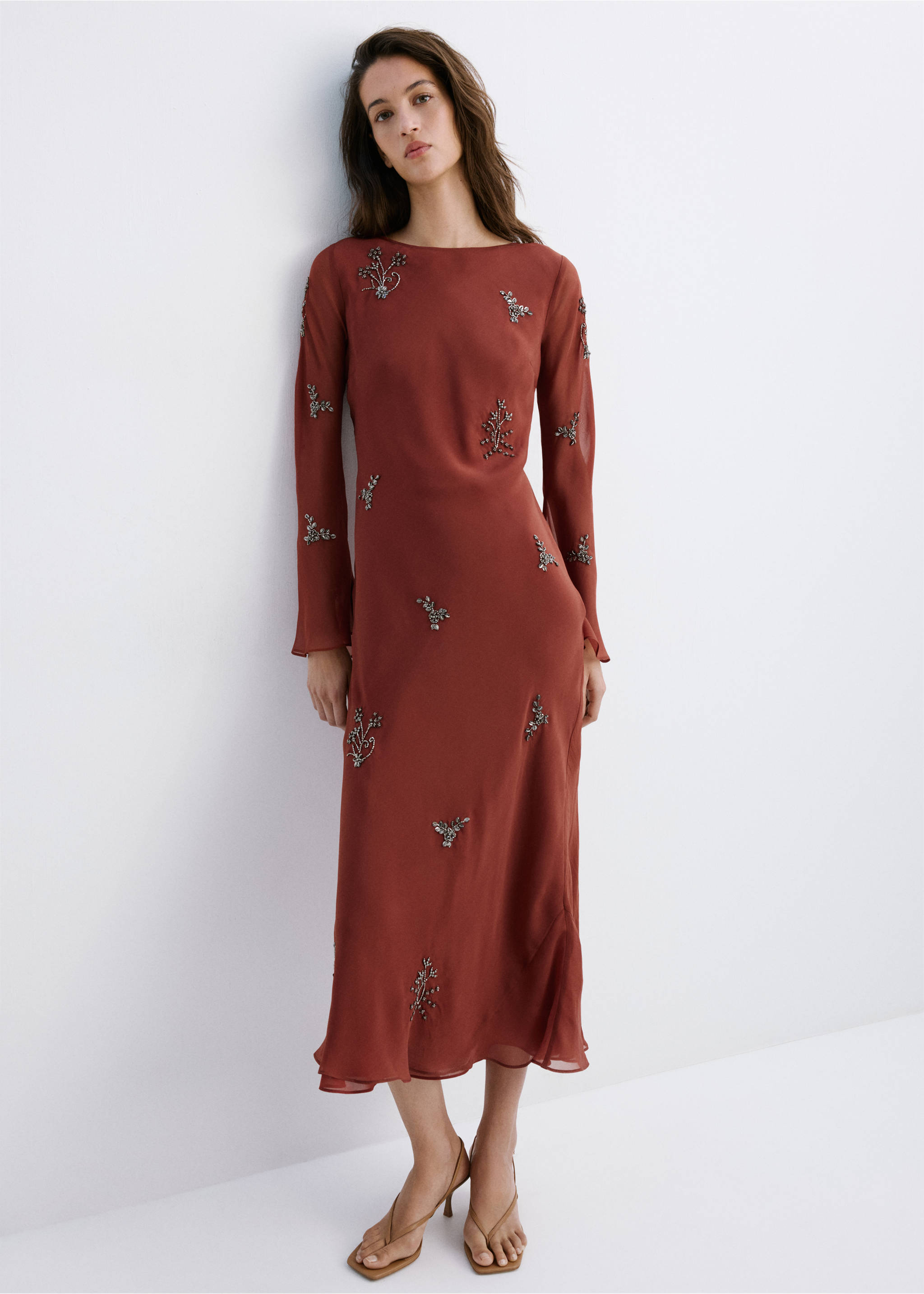 Crystal embroidered dress with flared sleeves - General plane, Russet. Ref: 27019070-00.