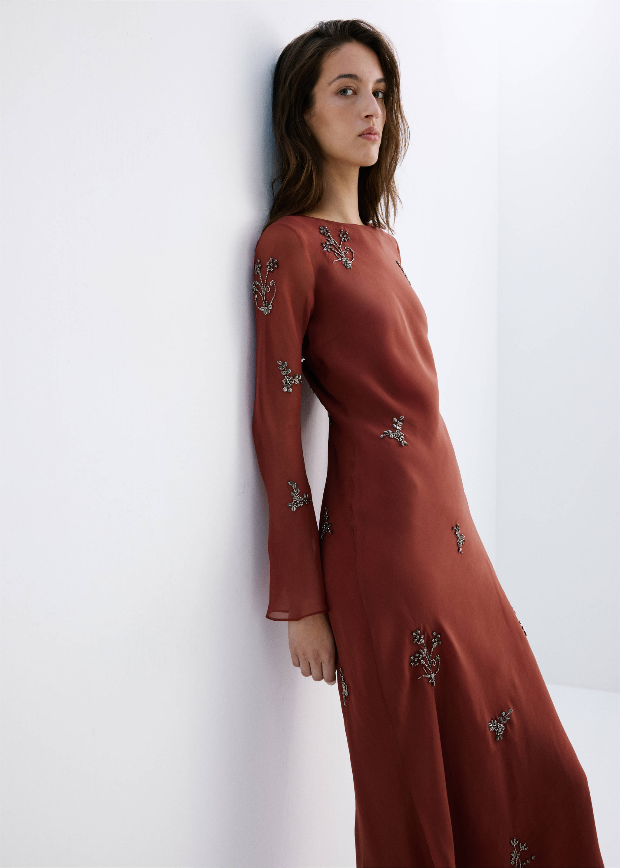 Crystal embroidered dress with flared sleeves - Medium plane, Russet. Ref: 27019070-00.