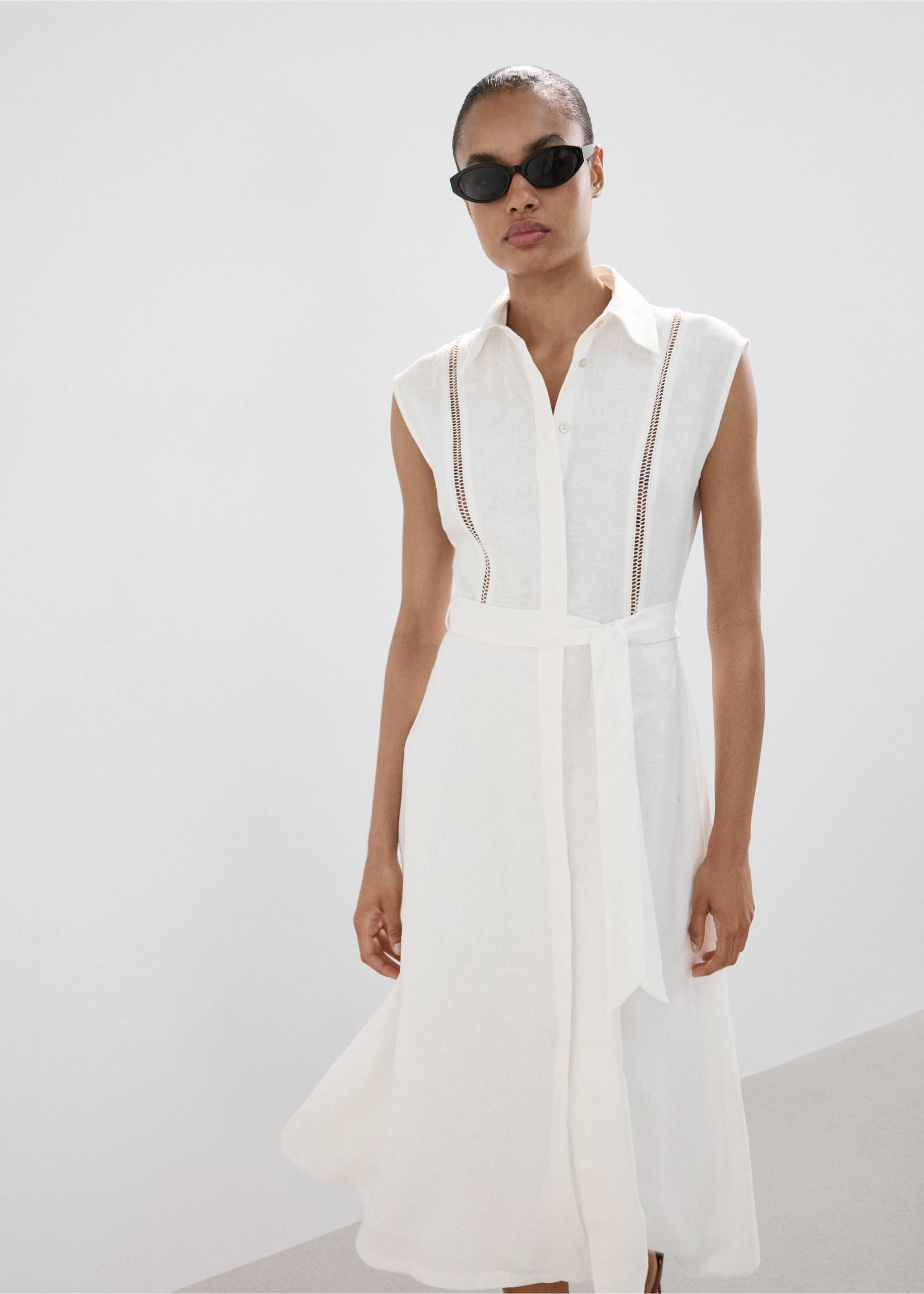 Robe chemise lin nœud - Plan moyen, Écru. Ref: 27019071-00.