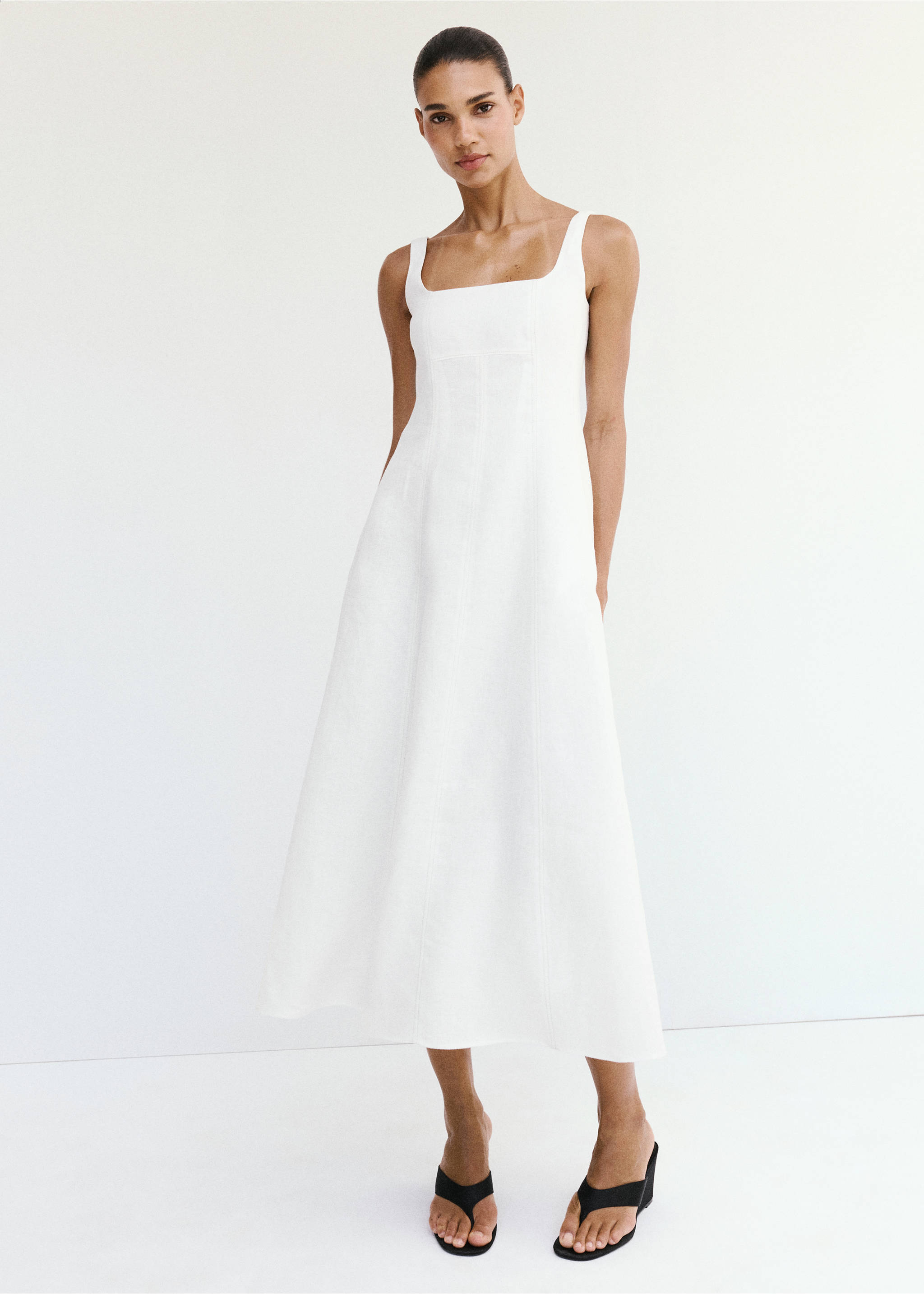 Linen A-line dress with pockets - General plane, White. Ref: 27019076-02.