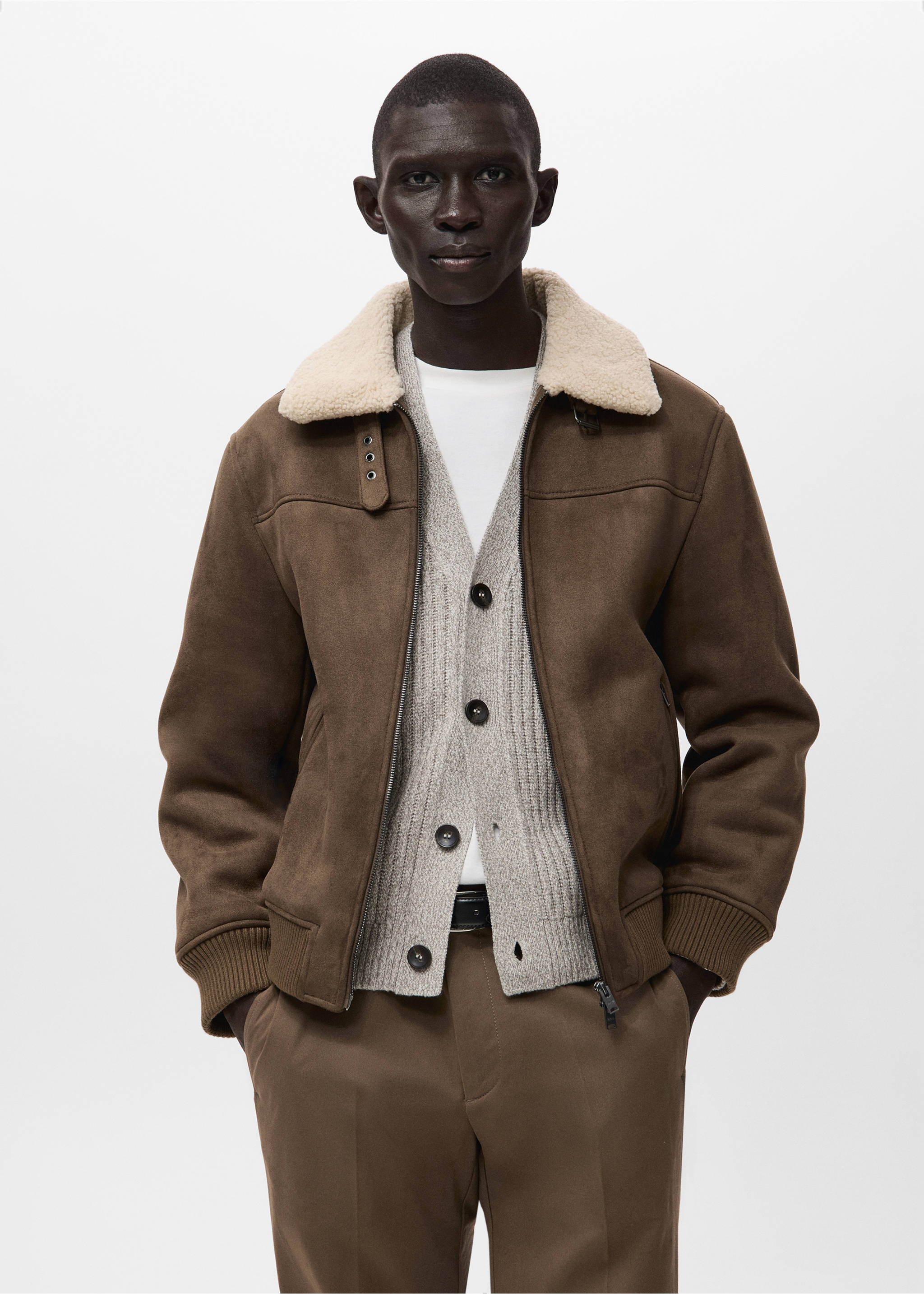 Chaqueta efecto ante borreguito - Plano medio, Marrón medio. Ref: 27021182-00.