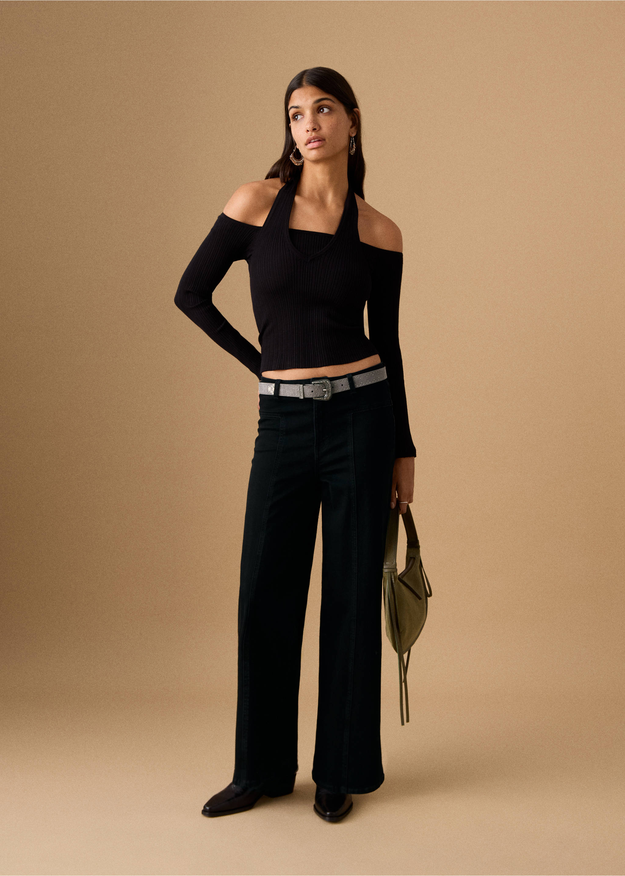 Wide-leg jeans with seam detail - General plane, Black denim. Ref: 27021222-00.