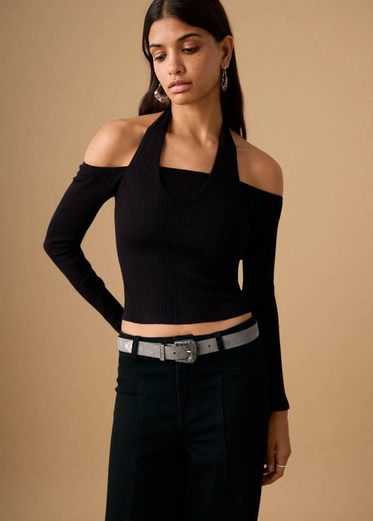 Wide-leg jeans with seam detail — Black denim