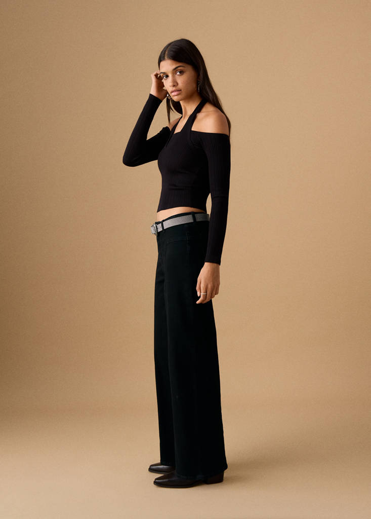 Wide-leg jeans with seam detail — Black denim