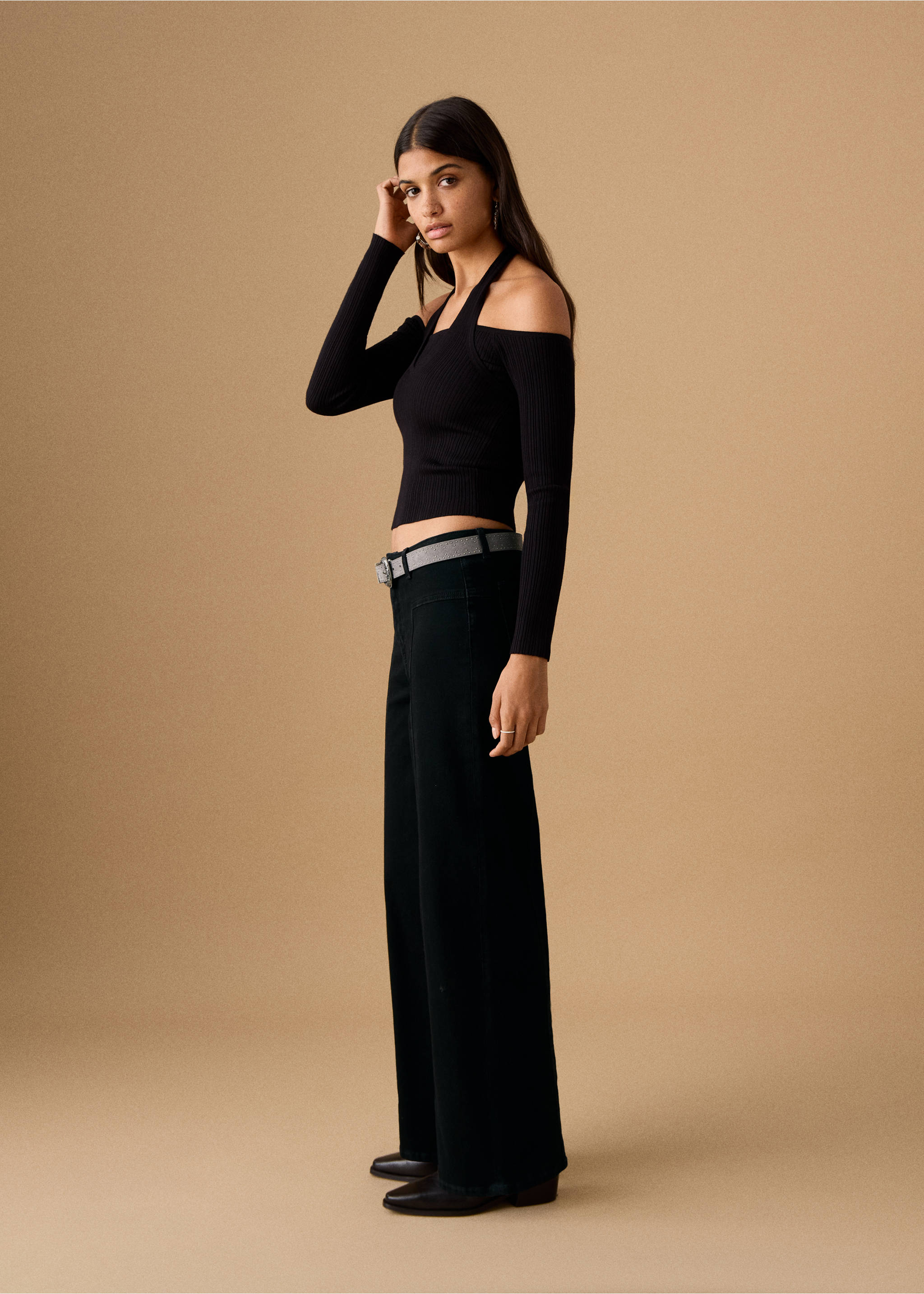 Wide-leg jeans with seam detail - Details of the article 2, Black denim. Ref: 27021222-00.