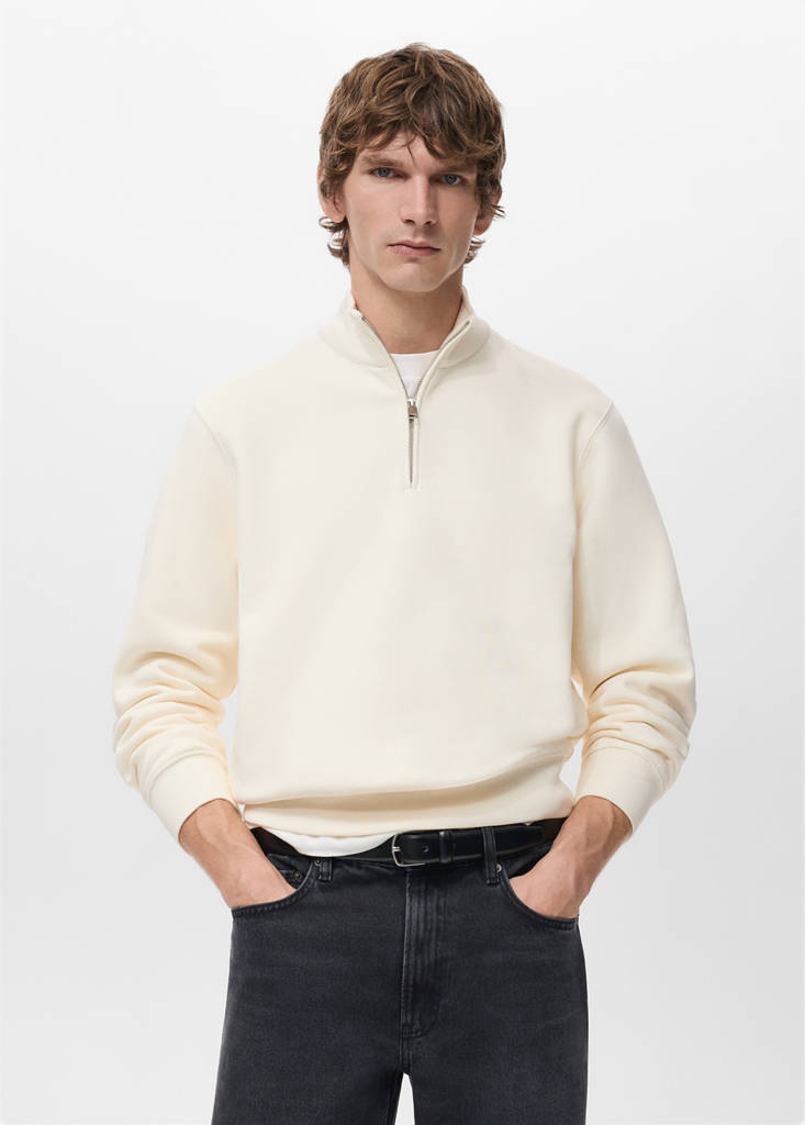 Zip-neck sweatshirt with a soft-touch interior — White