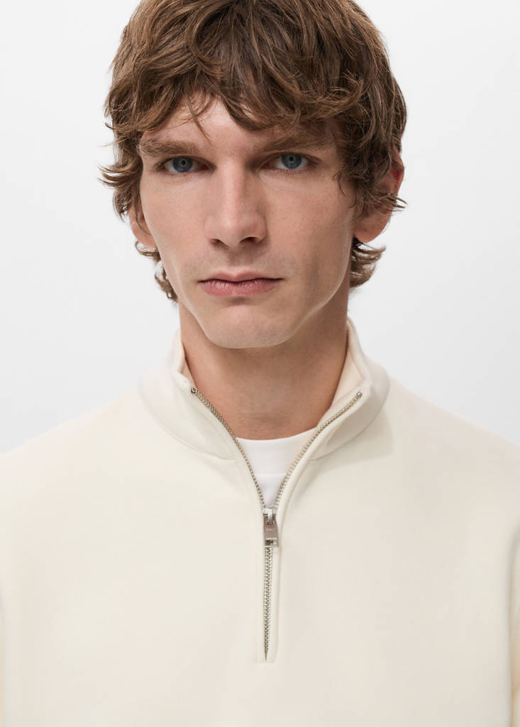 Zip-neck sweatshirt with a soft-touch interior — White