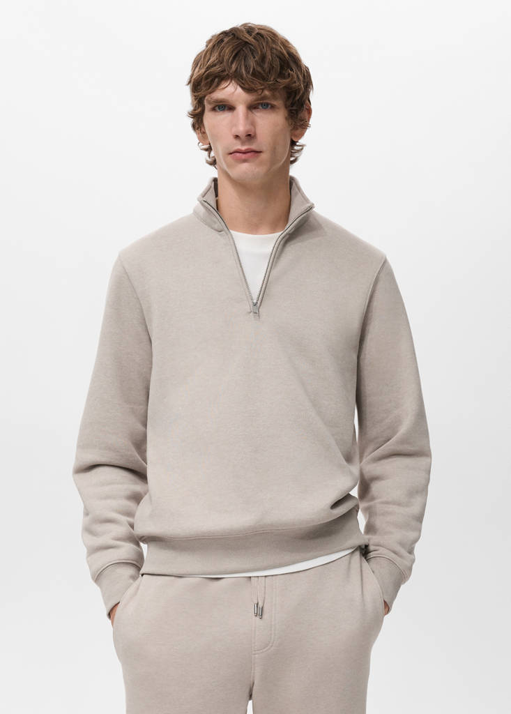 Zip-neck sweatshirt with a soft-touch interior — Sand