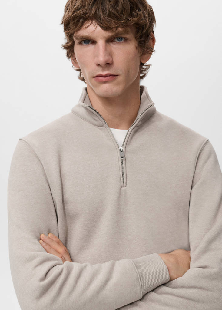 Zip-neck sweatshirt with a soft-touch interior — Sand